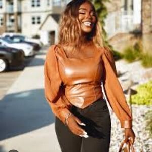 HYFVE Tan Faux Leather Blouse